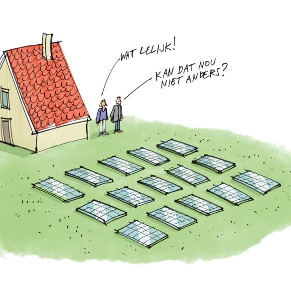 cartoon van zonnepanelen in de tuin